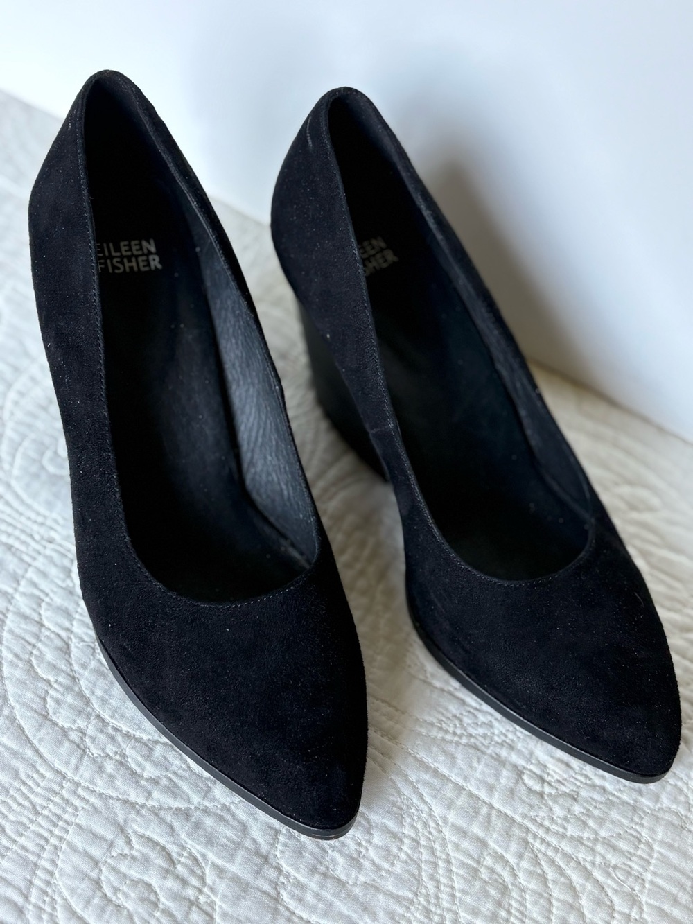 Eileen Fisher Black Suede Pointed Wedge Pumps